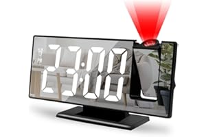 Petilleur Projection Alarm Clock, LED Mirror Display Digital Clock with Temperature, 3-Level Brightness, 5 MIN Snooze, 12/24H, Bedroom Alarm Clock for Heavy Sleep (Black)