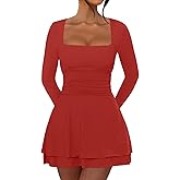 OKIFOIR Women's Square Neck Mini Dress Long Sleeve Ruffle Hem Corset Ruched Waist Short Party Dresses