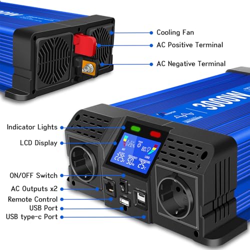 ETREPOW 3000 W / 6000 W 24 V to 230 V Pure Sine Wave Inverter with Remote Control, 2 EU Sockets, 2 USB + Tycp-C Connections, Suitable for Household Appliances, Motorhomes, Camping Voltage Converter