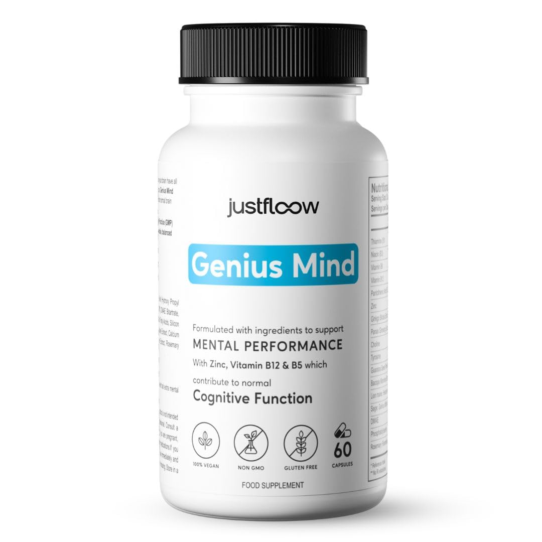 JustFloow Genius Mind® Nootropic Brain Supplement, Support Cognitive Function, Energy Levels, Focus & Memory Function - 16 Brain Boosting Ingredients Including Lions Mane, Bacopa, Ginkgo & Vitamin B12