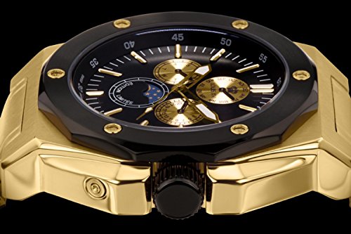 LOUIS-XVI-Herren-Armbanduhr-Le-Souverain-Stahlband-Gold-Schwarz-Mondphase-Analog-Quarz-Edelstahl-626