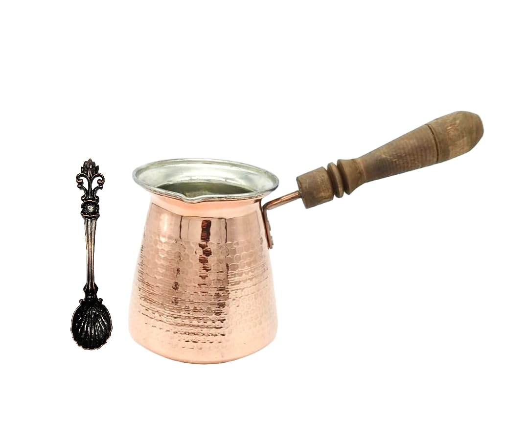 LEO Design Turkish Coffee Pot 5 Sizes, Coffee Maker Greek Arabic Stovetop Thick 3mm Solid Hammered Handmade Engraved Copper Cezve Ibrik Briki with Wooden Handle for 2-8 People (5 Cup / 380ml)