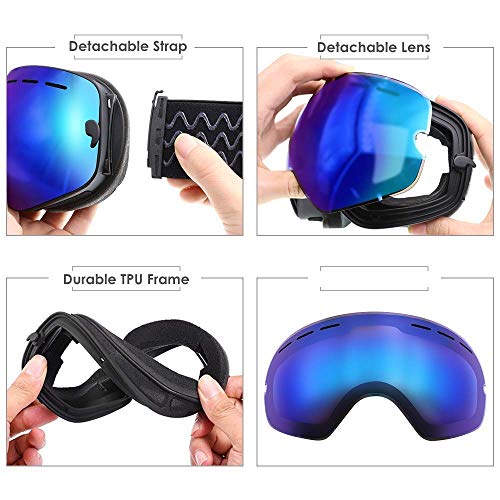 Zerhunt Ski Goggles, Snowboard Goggles Over Glasses, Anti Fog UV Protection Snow Goggles OTG Interchangeable Lens for Men Women Snowmobile, Skiing, Skating, Blue - Thumbnail 5