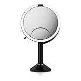 simplehuman Sensor Mirror Trio, 1X 5X 10X Magnification, Round Rechargeable Beauty Makeup Mirror, Tru-Lux&reg; Full-Spectrum Light, Dual Light Settings, Adjustable Brightness, Matte Black Steel