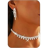 Yean Silver Choker Necklace and Earrings Set Rhinestone Bridal Choker Necklace Crystal Wedding Choker Jewelry Sets for Women