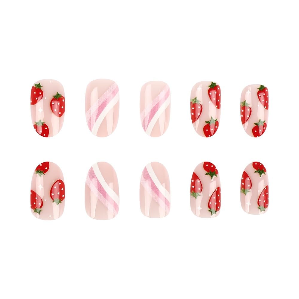 Cute Pink Press on Nails Short Oval Acrylic Fake Nails Sweet Strawberry False Nails with Stripes Design Glossy Artificial Glue on Nails Full Cover Stick on Nails for Women and Girls 24 Pcs - Image 4