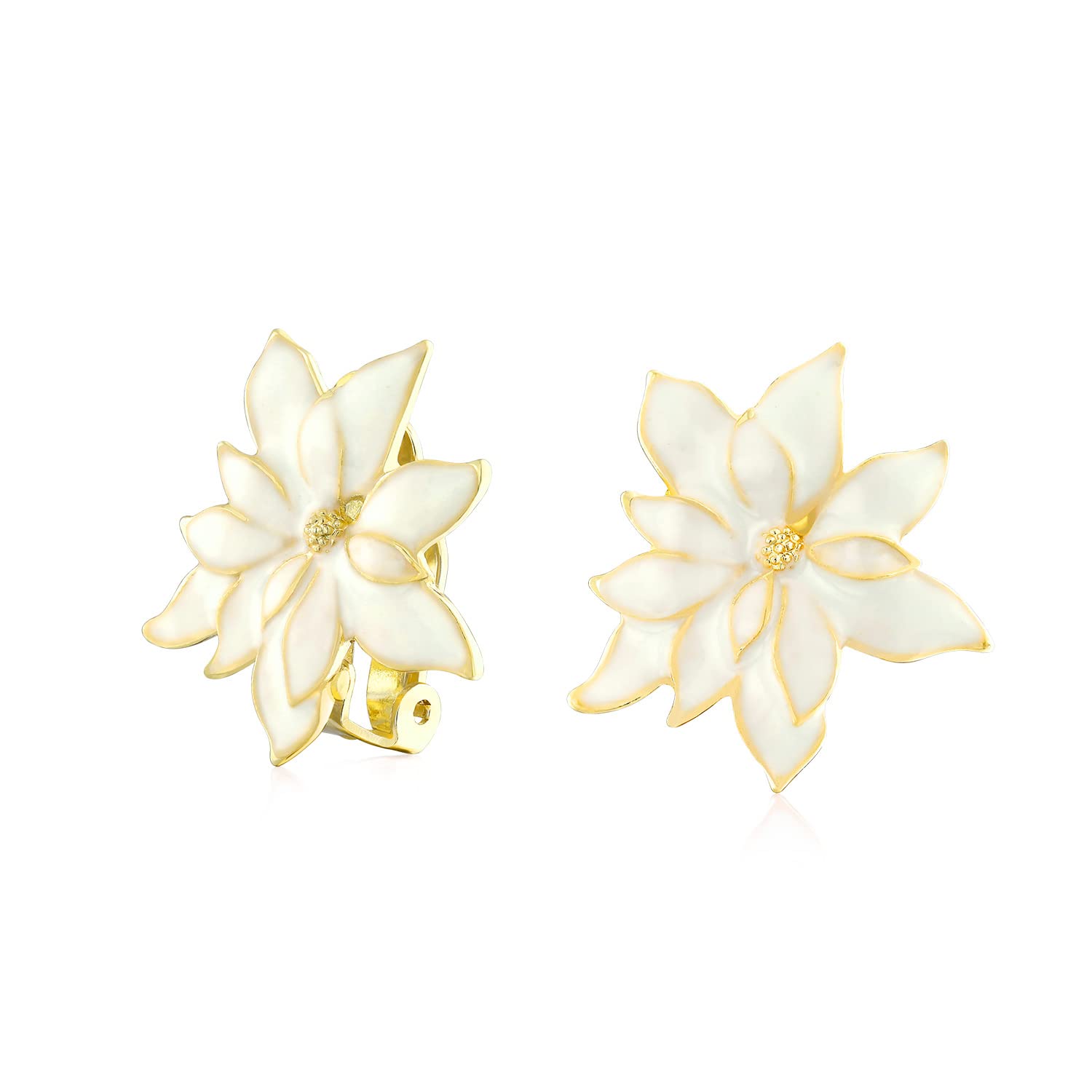 Christmas Party White Enamel Statement Flower Shape Poinsettia Clip On Earrings for Women with Non-Pierced Ears - Gold Plated Edge