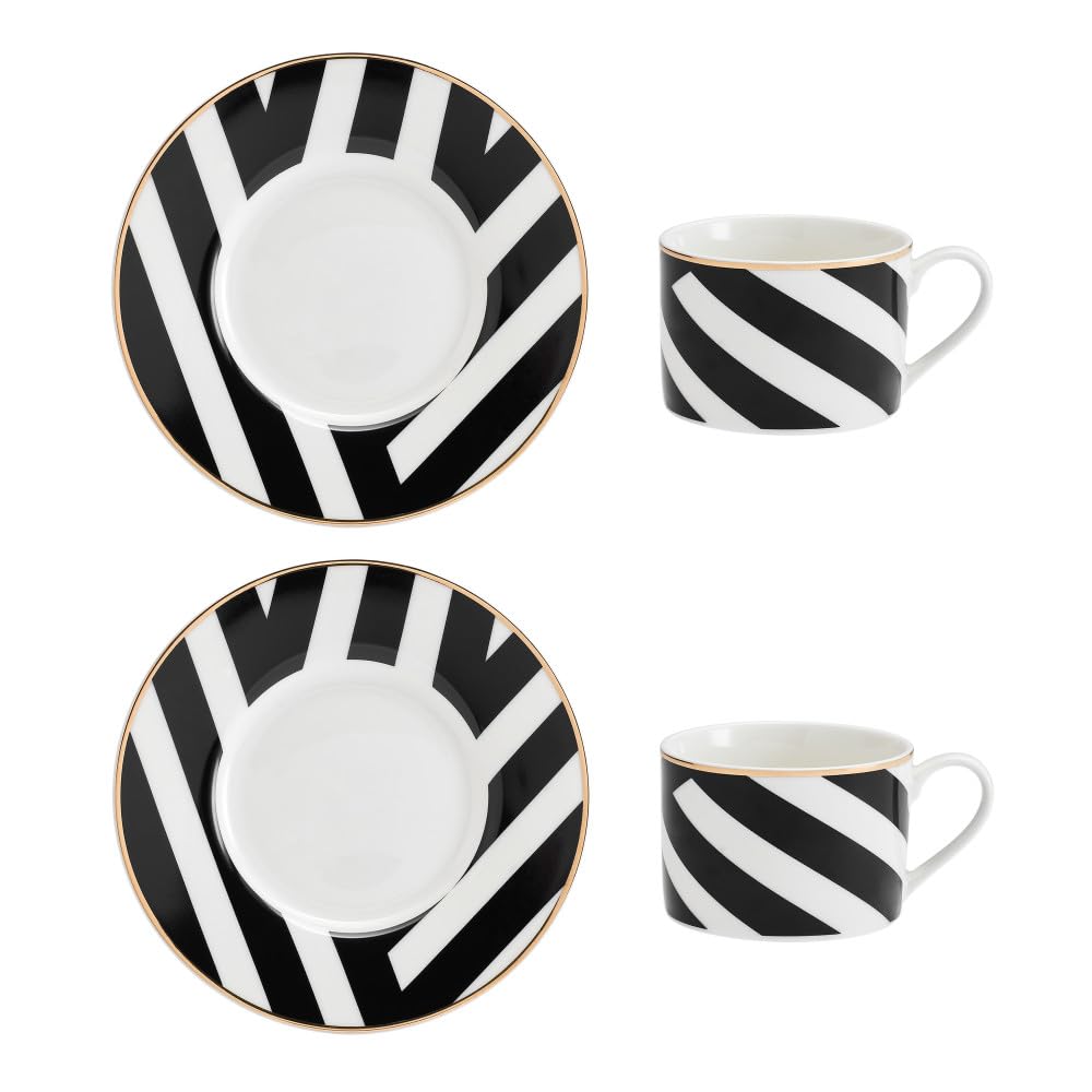 MIKASA Luxe Deco 2pc Fine China Tea Cup & Saucer Set - Geo Pattern, 250ml, Gift Boxed