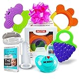 Baby Teething Toys Set of 5: 3 Silicone Baby Fruit Teethers + Baby Pacifier + Baby Toothbrush/Fingertip Massager & Case | Best Relief for Sore Gums | Freezer Safe Dishwasher Safe | SCME Baby Teether