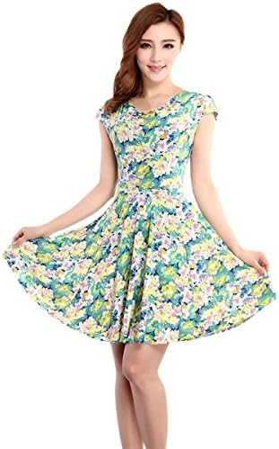 Women Summer Short Sleeves Vintage Floral A Line Slim Fit Party Sun Dress Green