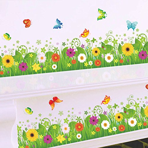 BIBITIME Flowering Grassland Flower Border Decal Butterflies Wall Skirting Sticker for Bathroom Glass Door Window Kitchen Lockers Nursery Decor Art Mural