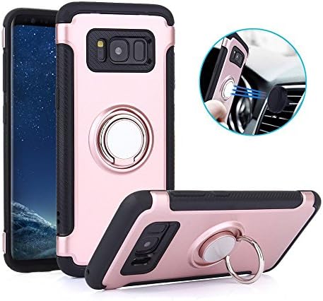 HanTop Slim Tpu and Pc Dual Layer Hybrid Armor Phone Case Shock Absorption Rugged Defender with 360 Rotating Ring Holder Compatible with Magnetic Car Mount for Samsung Galaxy S8 Plus (Rose Pink)