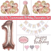 PapaKit Baby Girl 1st Birthday Party Decoration Kit, Sparkling Metallic Rose Gold, 32 Piece Set (Large Bunting Banner, Customizable Cake Toppers, Party Hat, Giant Mylar One, Confetti and Assorted Balloons)