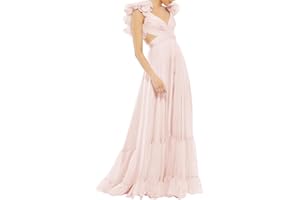 Lawrncedw Chiffon Ruffle Prom Dress for Women V Neck Long Bridesmaid Dresses Backless Formal Evening Gowns A Line