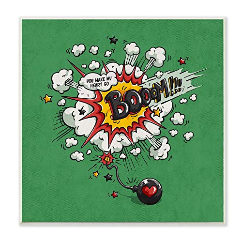 Stupell Industries Heart Go Boom Vintage Comic Book Green Design Wall Plaque, M…