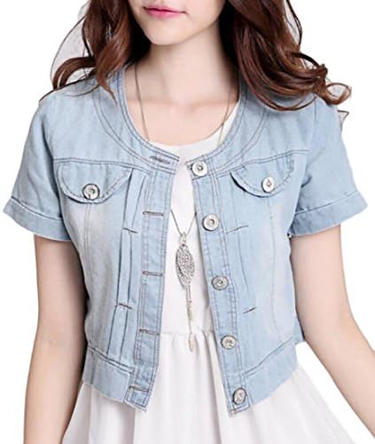 XQS Women's Casual Slim Short Sleeve Washed Denim Bolero Shrugs Light Blue XL