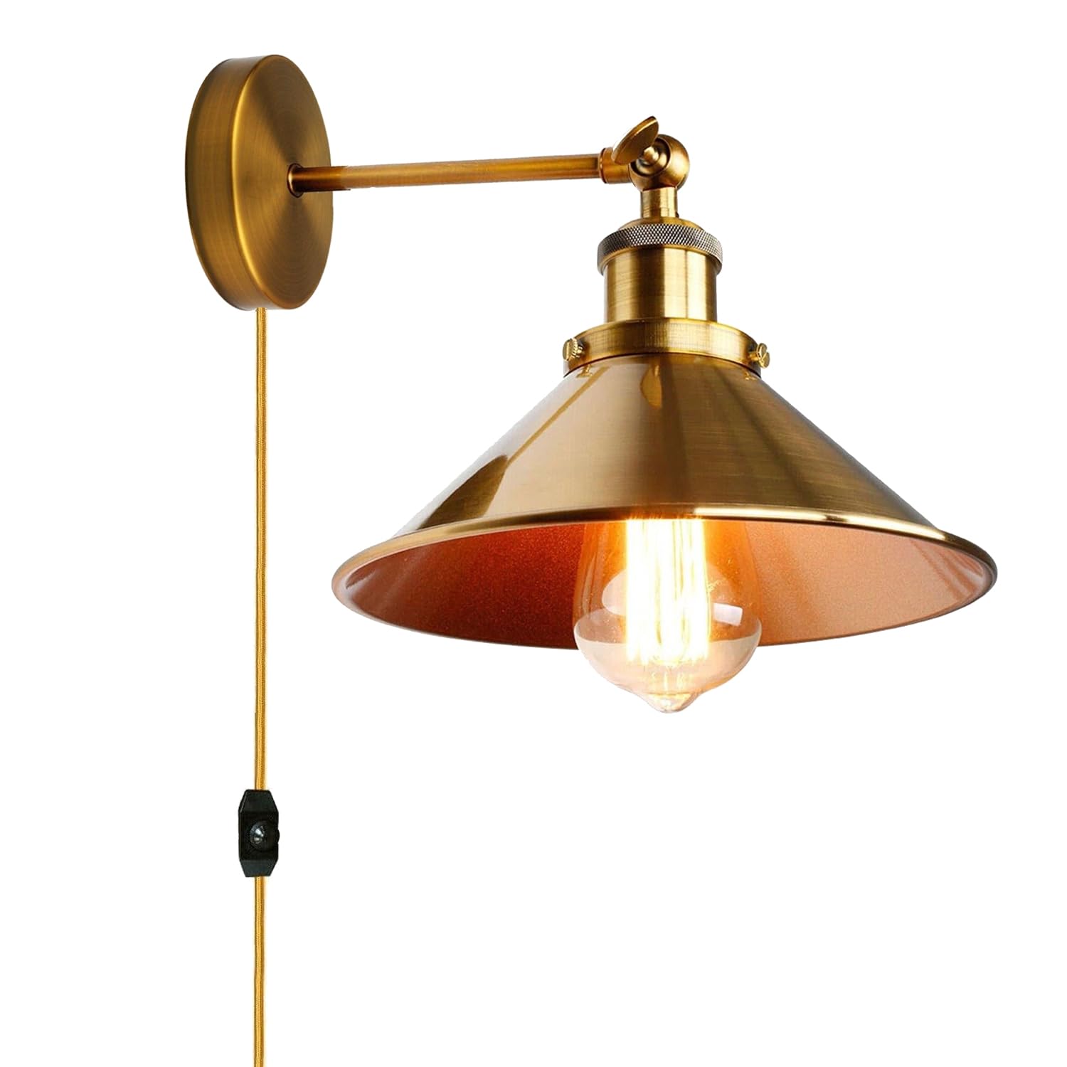 LEDSone Retro Plug in Wall Light Lamps with 2m Plug in Cable Cord and Dimmer Switch, Edison Metal Swing Adjustable E27 Wall Sconce, Vintage Industrial Indoor Reading Bedside Lamp, Yellow Brass