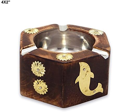 Wooden Handmade Designs Ashtray for Outdoors and Indoors Large With 3 Cigarette Holder Slots & Decorative Brass Inlay Work Unique Smokers Gift