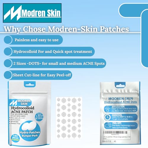 MODREN SKIN – 144 Pcs Pimple patches 4 Sheets – Hydrocolloid pimple patch with easy peel off cut lines in a resealable zipper bag – Acne Patch dots (Small 8mm, Medium 10mm)