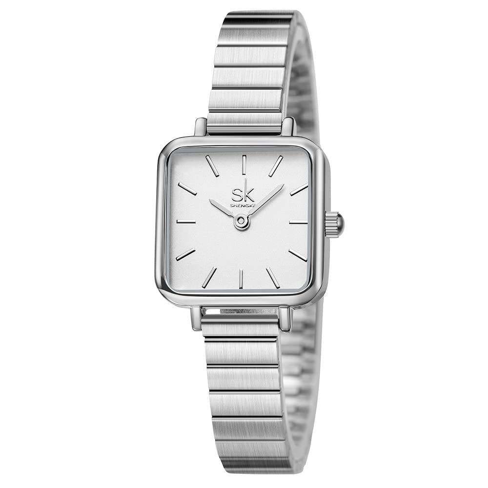 SHENGKE SK Fashion Ladies Watches Minimalistic Simplicity Square Women Watches (Silver)