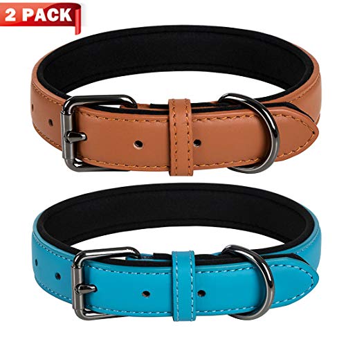 Coohom 2 Pack Genuine Leather Soft Waterproof Fabric Padded Dog Collars,Durable Adjustable Leather Pet Collars for Small Medium Large Dogs Black Red Blue Orange Yellow Brown (Large, Blue+Brown)