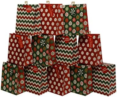 Assorted Christmas Glitter Design gift bags, medium, set of 12 bags, 8.75" x 7" x 4"