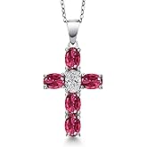 Gem Stone King 925 Sterling Silver Pink Tourmaline and Lab Grown Diamond Cross Pendant Necklace for Women | 2.78 Cttw | Gemstone October Birthstone | Oval 6X4MM | With 18 Inch Chain