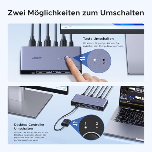UGREEN DP 1.4 KVM Switch 8K @ 60Hz 2 PC 1 Monitor with 4 USB 3.0 Ports | KVM Switch 8K60Hz 4K240Hz 4K120Hz Compatible with Windows, MacOS and Linux