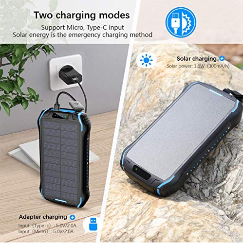 Solar Charger 26800mAh Qi Wireless Portable Solar Power Bank External Backup Battery with 4 Outputs & Dual Inputs Type-C Huge Capacity Phone Charger for Smartphones, 18LED Flashlights for Outdoor