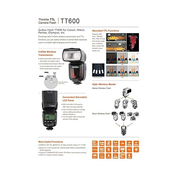 Godox TT600 2.4G Speedlite Master/Slave-Blitz mit integriertem Auslösesystem für Canon Nikon Pentax Olympus Fujifilm Panasonic (TT600) – Bild 8