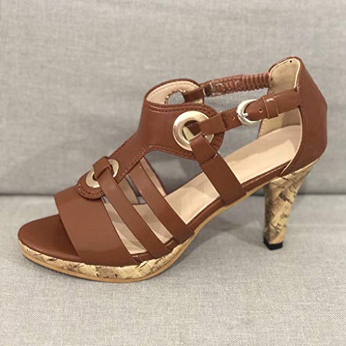 Sunhusing Women's Solid Color Metal Buckle Elastic Band Buckle High Heels Open Toe Sandals Roman Shoes Brown - Thumbnail 3
