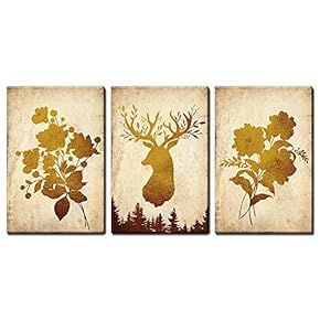3 Panel Canvas Wall Art - Golden Deer with Giant Floral Antler - Giclee Print Gallery Wrap Modern Home Art Ready to Hang - 16"x24" x 3 Panels