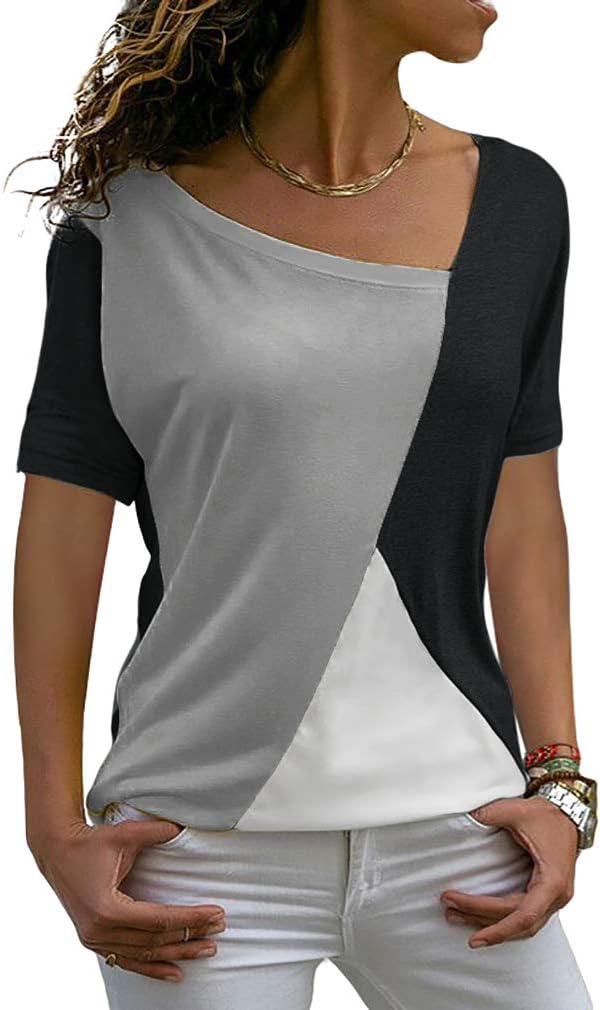 Sarin MathewsWomens Shirts Casual Tee Shirts Short Sleeve Patchwork Color Block Loose Fits Tunic Tops Blouses