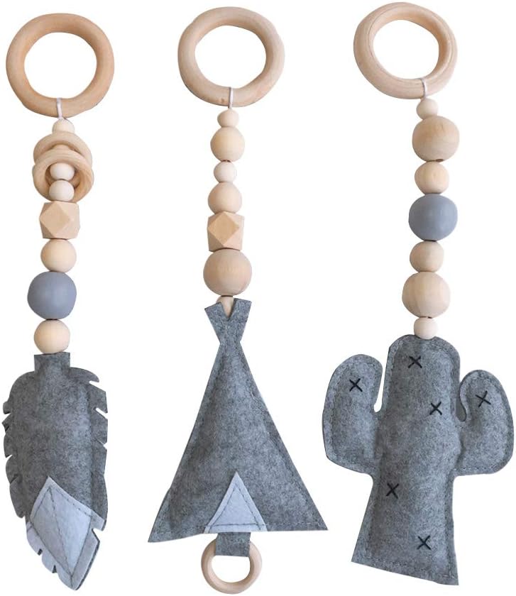 Junecat 3PCS/Set Baby Rattle Toys Nordic Style Wooden Rattle Ring Beads Play Gym Toy Stroller Hanging Toys Newborn Infant Gift