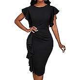 Women 2025 Summer Ruffle Short Sleeve Midi Dress Vintage Crew Neck Bodycon Pencil Dresses