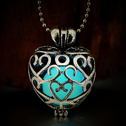 Jewelryfinds Ancient Silver Heart-Shaped Hollow Luminous Ball Blue Necklace
