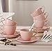 Sumerflos Porcelain Embossed Tea Coffee Cup and Saucer Set, Bone China Tea Set with Saucer and Spoon, Set of 6 (6oz) (Pink)