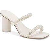 Guayonng Womens Chunky Heeled Sandals Pearl Strappy Open Square Toe Slip-on Block Heels Backless Mules Shoes