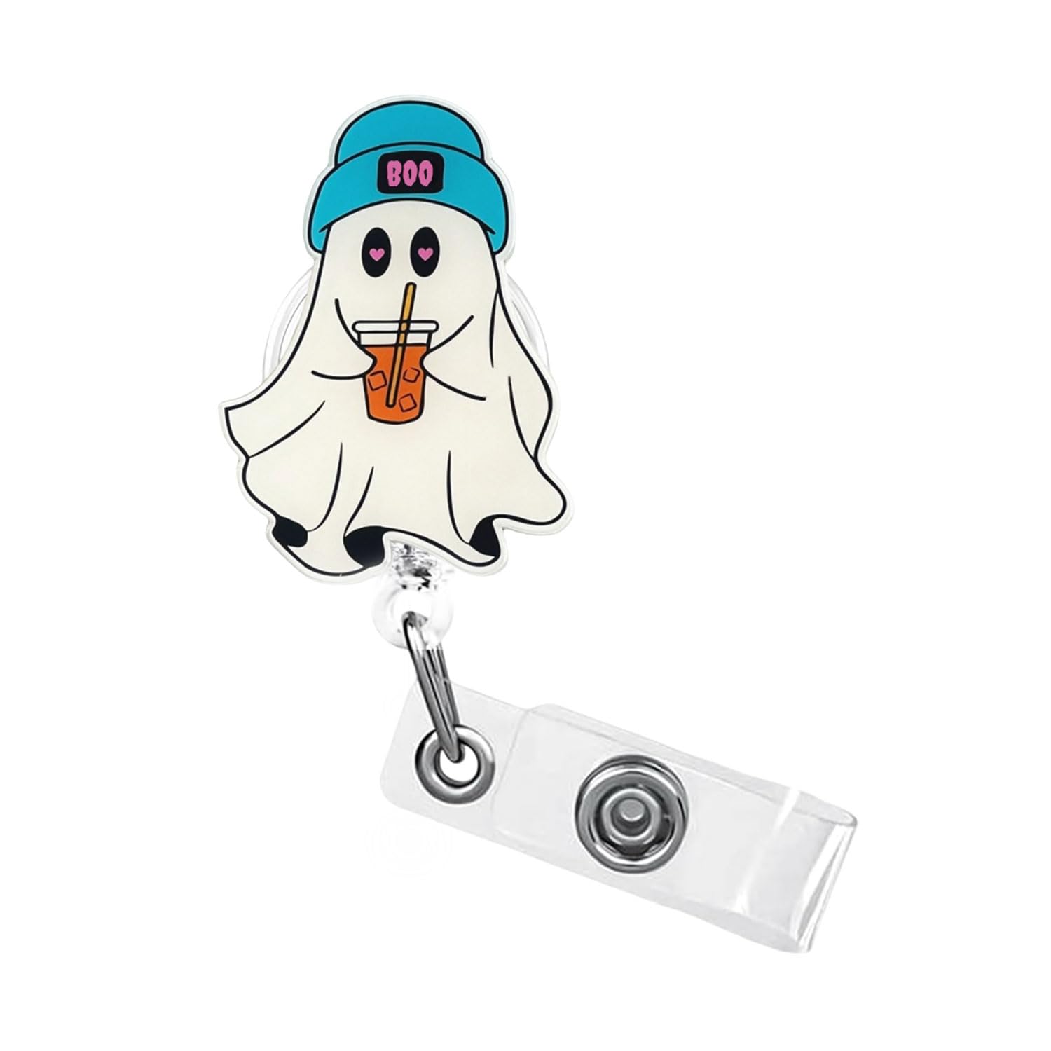 Photo 1 of 1 Pcs Halloween Badge Reel Retractable, Drinking Beverages Ghost Funny Badge Reels ID Name Acrylic Alligator Holder Clip Name Tag Badge Clip for Nurse, Nursing Student, Teache and Office Worker