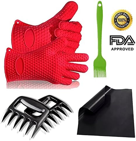 BBQ Grilling Tool Set - BBQ Gloves &amp; Meat Claws &amp; Silicone Basting Brush &amp; Non-Stick Mats Complete Set, Flykul Silicone Heat Resistant Grilling Accessories &amp; Kitchen Tools for Indoor &amp; Outdoor Cooking