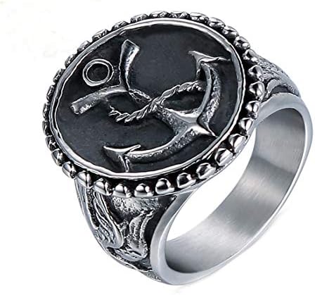 Wibbosad Stylish Vintage Anchor Signet Engraved Punk Silver Black Stainless Steel Rings for Mens