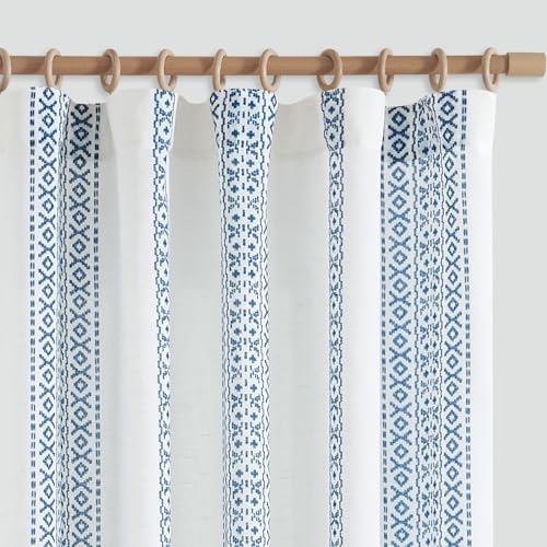 Dakota Fields Blue Boho Window Curtains 63 Inch Length Linen Textured Light Filtering Curtains Honeycomb Embroidered Design Living Room Drapes Bedroom Bronze Grommet Window Treatments Set 2 Panels W113139367-758126