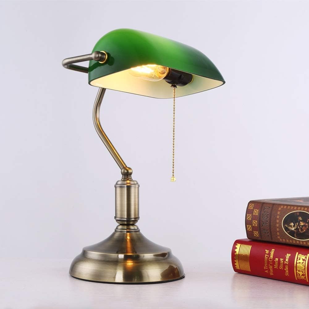 Hines Chinese Style Retro Republic of China Old Shanghai Bank Lights Decoration Table Lamp Bedroom Bedside Lamp Iron Metal Desk Light with Green Bronze Wire Switch