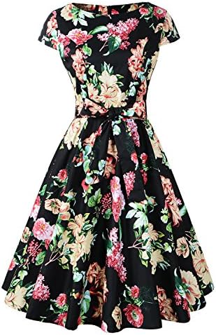 Chicanary Women's 1950s Vintage Cocktail Party Swing Dress Cap-Sleeve