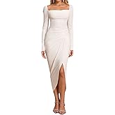 URYIAO Long Sleeve Bodycon Midi Dress Square Neck Ruched Slit Formal Cocktail Wedding Guest Dresses for Women Fall