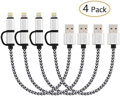 NEXCABLE 2-in-1 Lightning and Micro USB Cable [4pack 8inch] Nylon Braided High Speed Sync and Charging Charger Cable Cord Compatible with iPhone, iPad /iPod, Samsung, HTC, and More