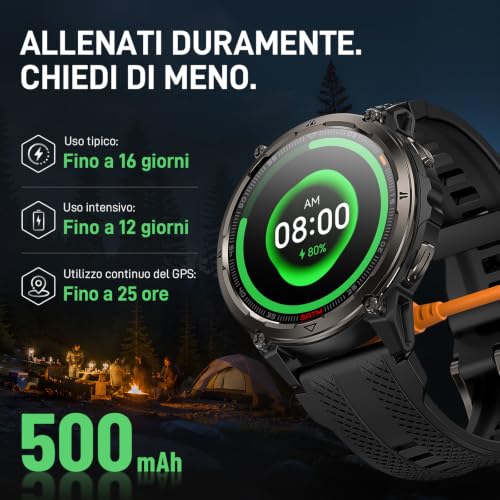 KOSPET ORB 2 Smartwatch uomo Rugged, GPS Dual-band, Impermeabile IP69&5ATM | Batteria da 500mAh, Torcia LED Integrata, 170+ Modalità Sportive, Monitor della Salute, Compatibile con Android & iPhone Nero