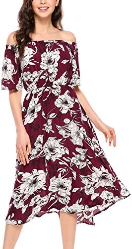 Pasttry Women's Midi Floral Print Off Shoulder Short Sleeve Summer Beach Party Dress