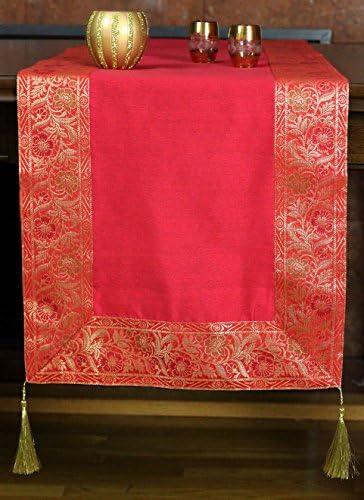 Banarsi Saree Border Table Runner (Scarlet Red, 120" X 16")