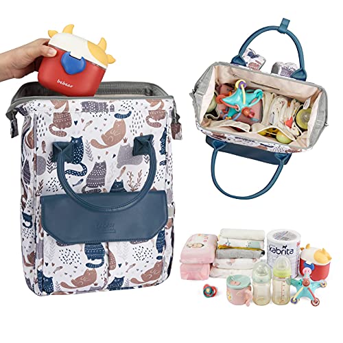 Bebamour Changing Bag Backpack with Changing Mat, Waterproof Nappy Bag Backpack for Mom and Dad, Baby Diaper Bag Nappy Back Pack with Stroller Hook (Grey Cat)